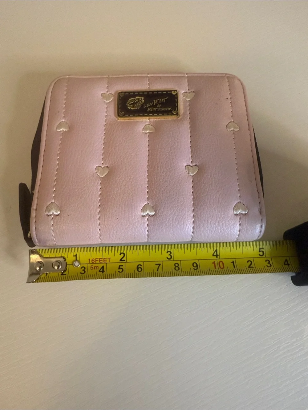 Betsey Johnson Pink Quilted Heart Zip Wallet with Gold Logo Plate